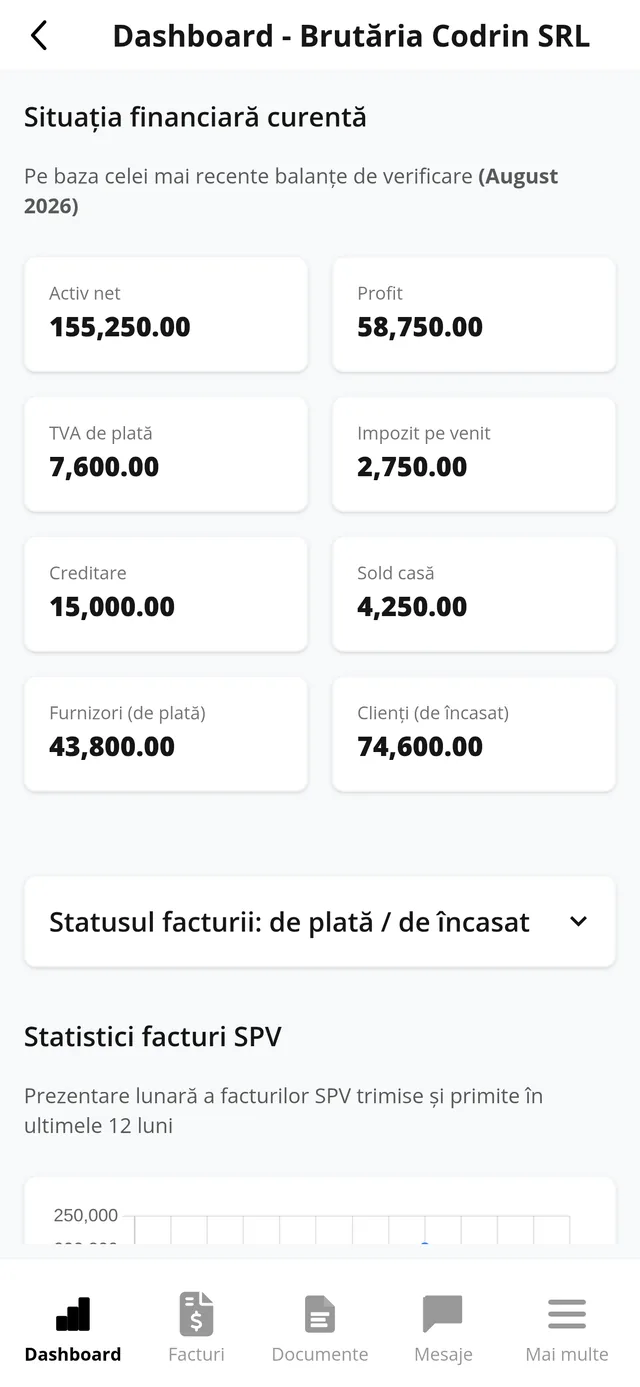 Același tablou de bord pe telefon, cu meniul în partea de jos