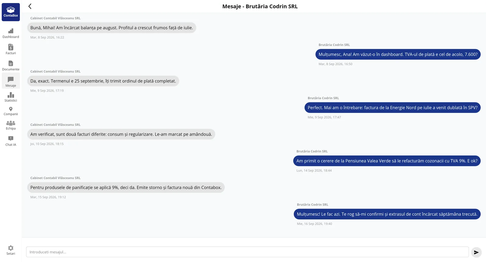 Mesajele dintre contabil și client în Contabox